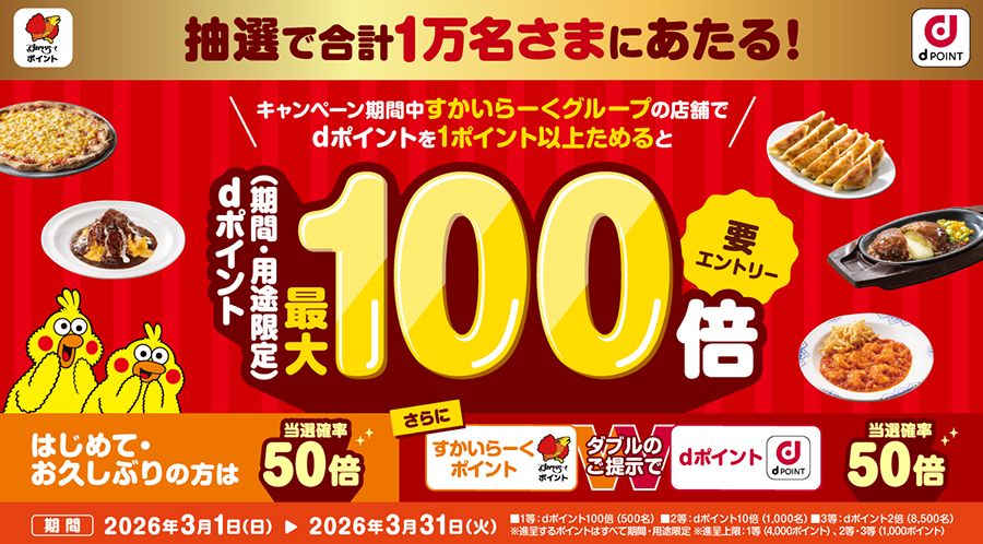 【3/1〜3/31まで】期間中すかいらーくグループのお店でdポイントを1ポイント以上ためると、dポイントが最大100倍あたる!